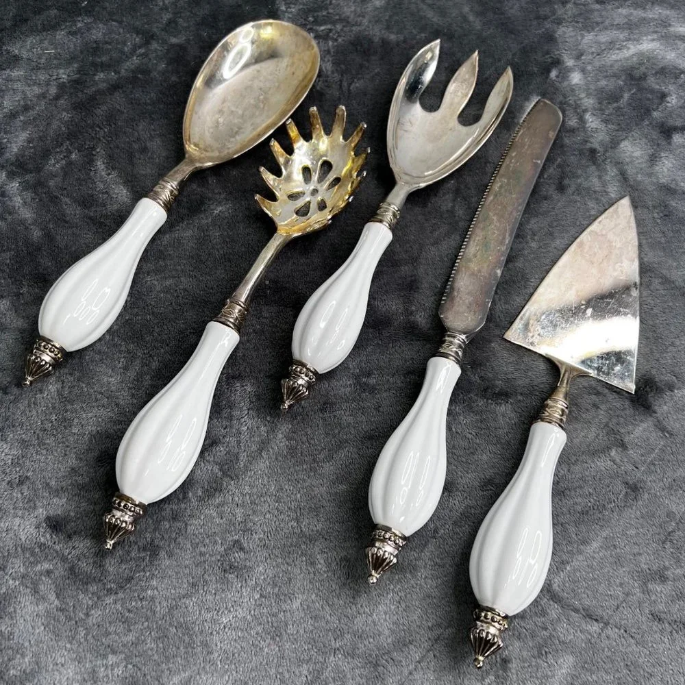 Godinger Silver Plated Serving Set White Porcelain 5 pc Cake Serve Slotted Spoon